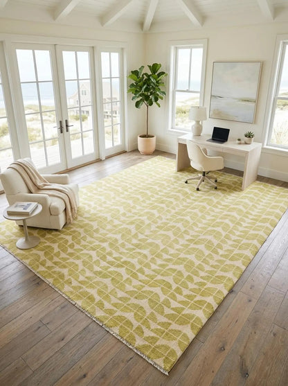 Modern Cream Leaf Pattern Hand Knotted Wool Oushak Rug