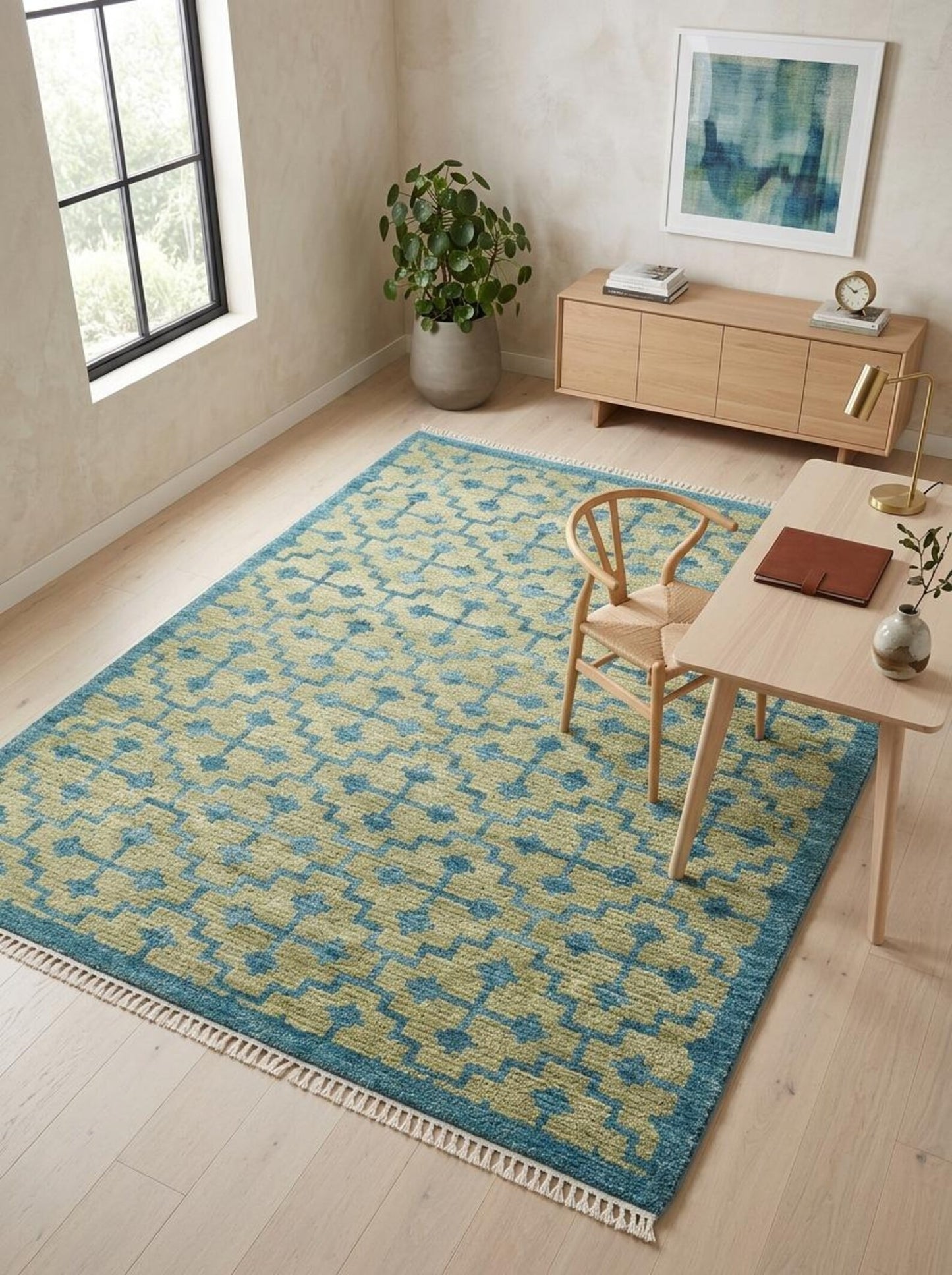 Teal Lattice Olive Diamond Hand Knotted Rug