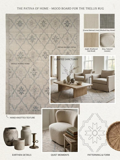Neutral Diamond Lattice Hand Knotted Rug