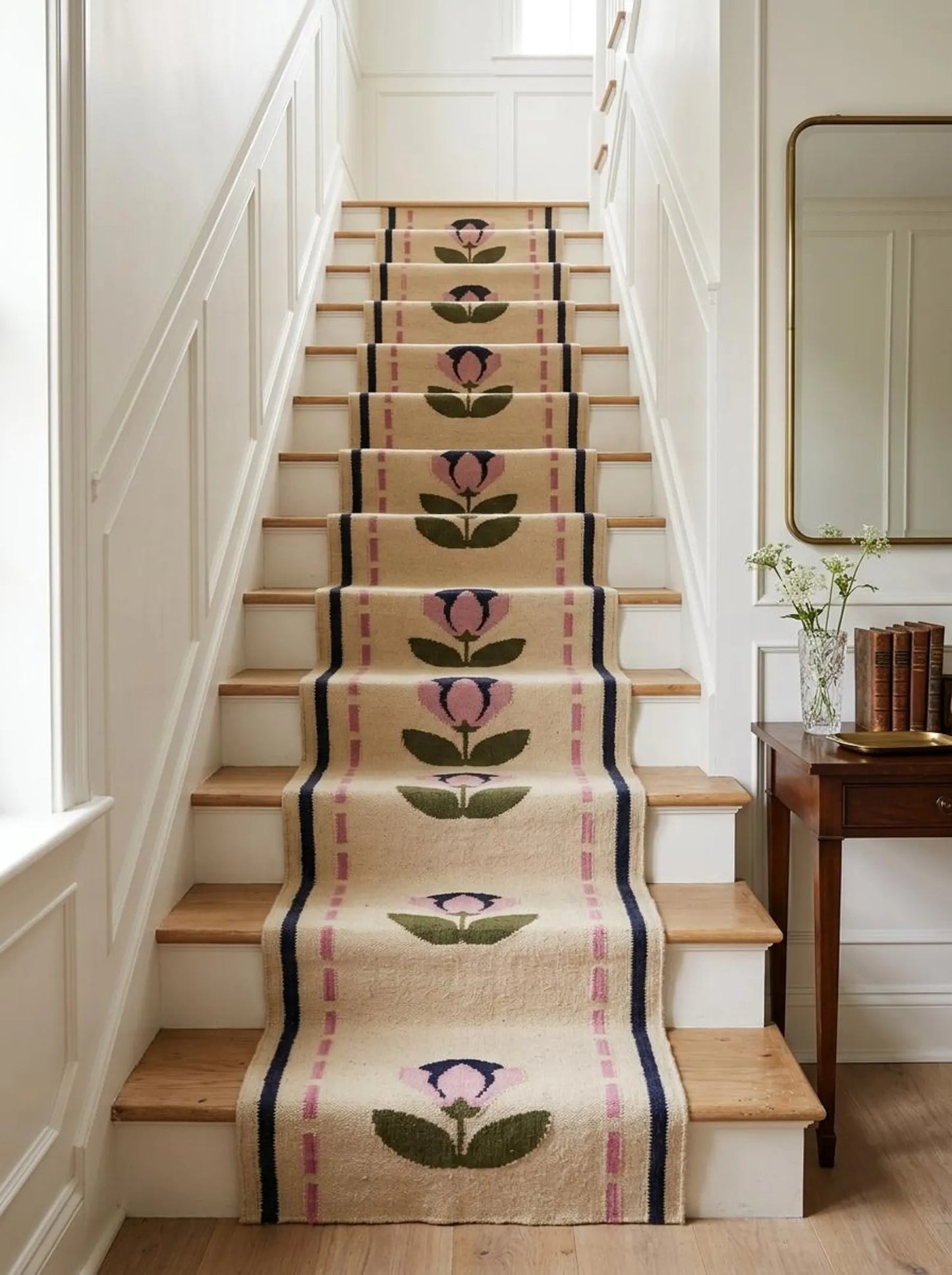 Handwoven Pink Floral Wool Flatweave Runner Rug