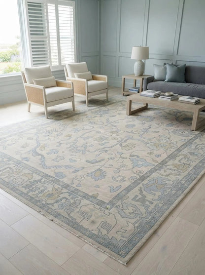 Ivory Blue Floral Oushak Inspired Bedroom Living Room Decor rug