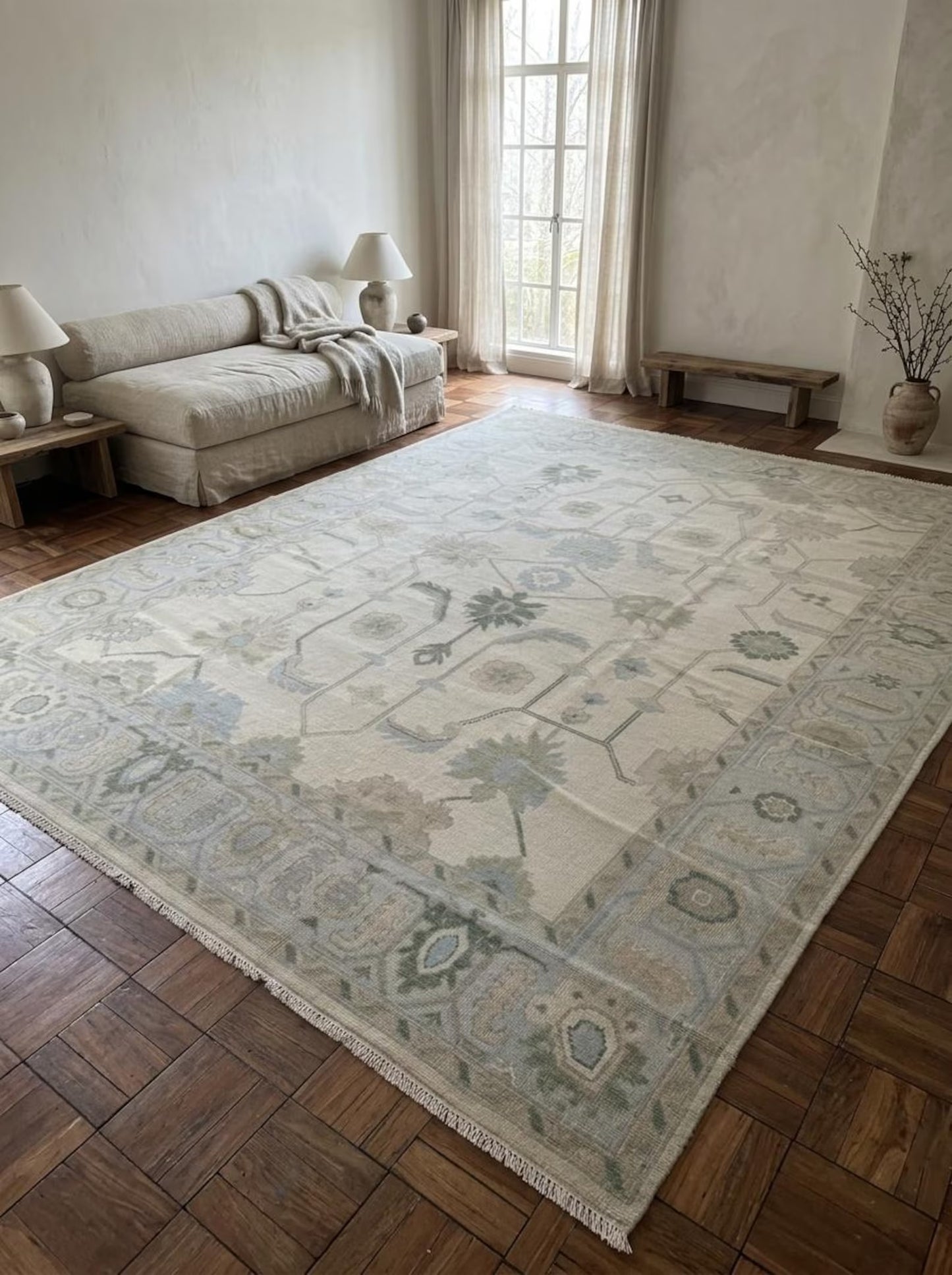 Hand Knotted Wool Ivory Floral Sage Green Blue Area Rug