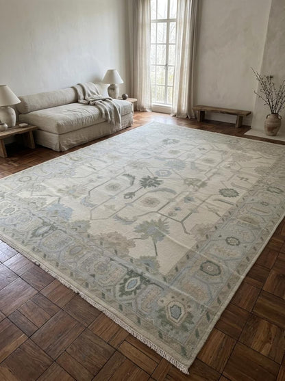 Hand Knotted Wool Ivory Floral Sage Green Blue Area Rug