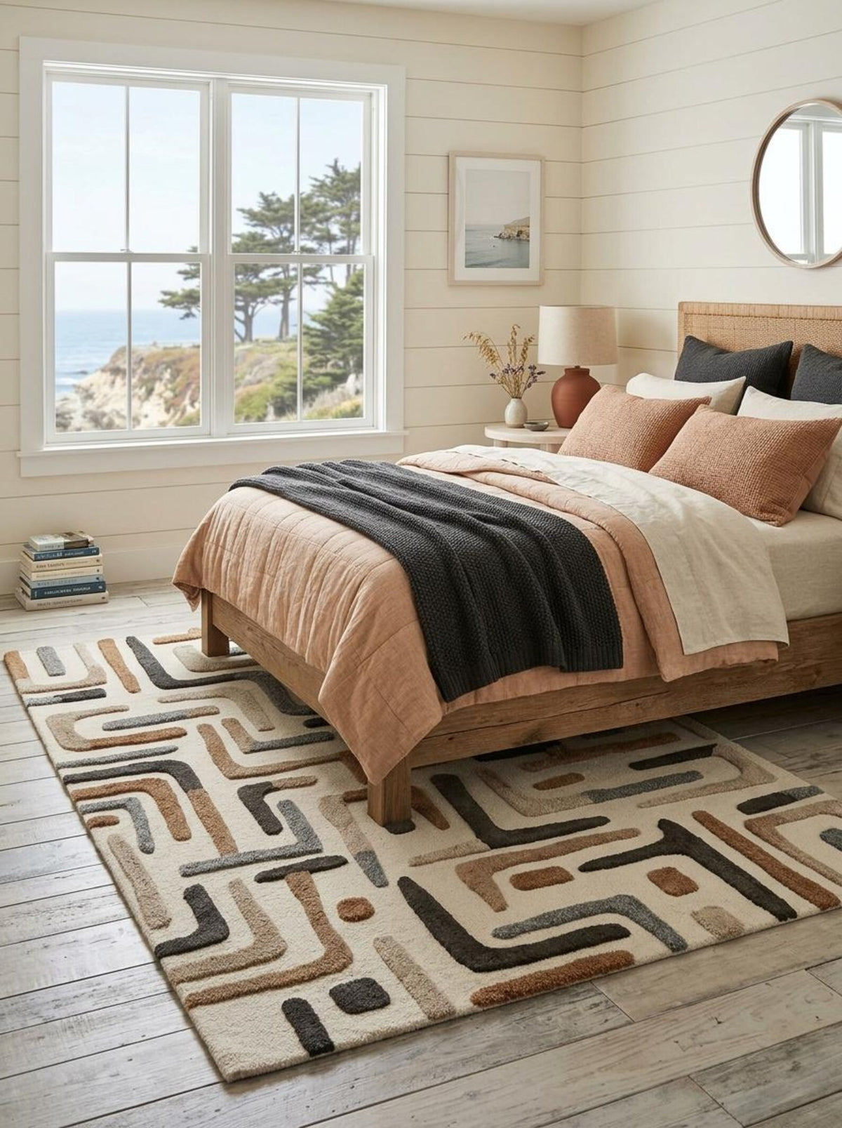 Hand Tufted Wool Carpet, Abstract Line Pattern Rug, Neutral Tone Area Rug
