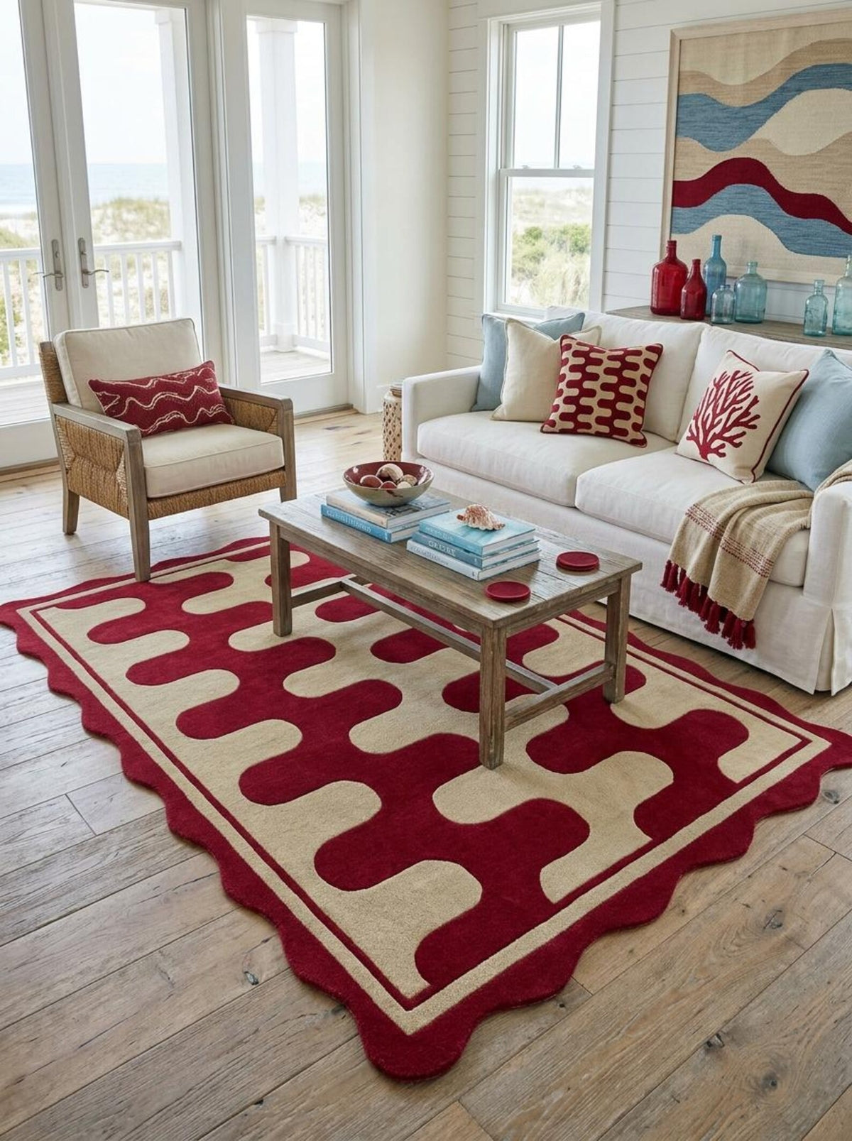 Hand Tufted Wool Rug, Red Cream Geometric Carpet, Wavy Scalloped Border Area Rug