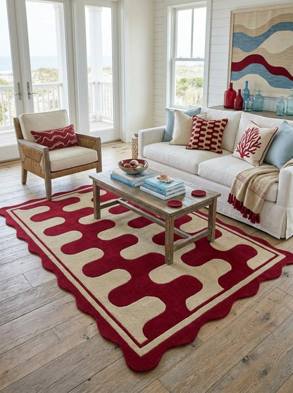 Hand Tufted Wool Rug, Red Cream Geometric Carpet, Wavy Scalloped Border Area Rug