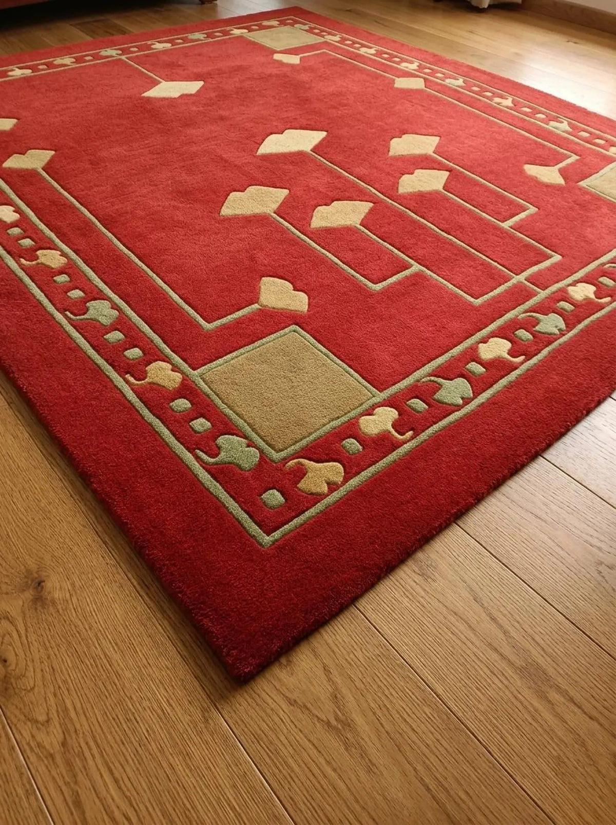 Red Floral Geometric Carpet, Art Decor Area Rug, Handmade Designer Wool Tufted Rug