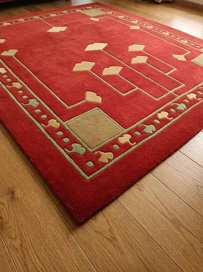 Red Floral Geometric Carpet, Art Decor Area Rug, Handmade Designer Wool Tufted Rug