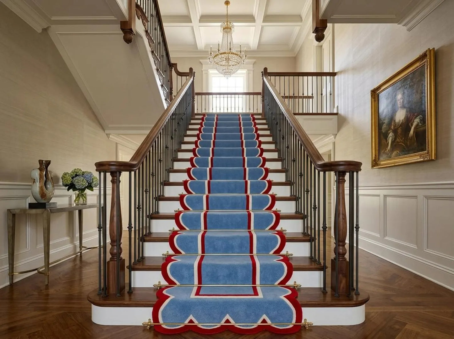 Scalloped Geometric Floral Stair Runner, Handcrafted Tufted Runner