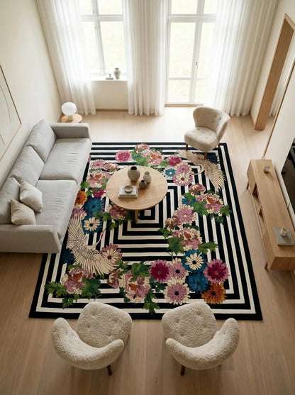 Hand-tufted Wool Rug, Japanese Crane Floral Area Rug, Black-and-White Geometric Striped Carpet
