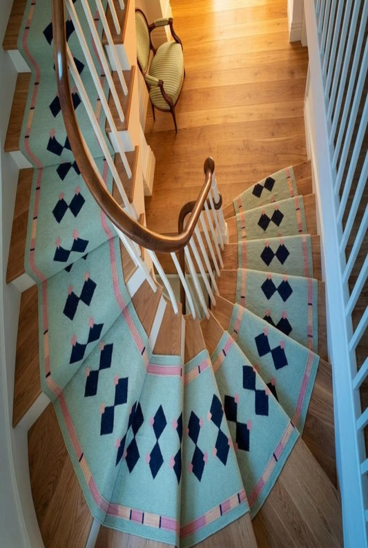 Blue Navy Geometric Pink Accent Boho Wool Flatweave Runner Rug