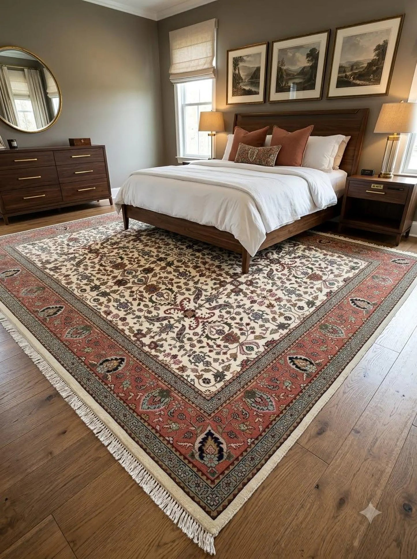 Traditional Botanical Pattern Red Ivory Designer Hand Knotted Floral Carpet