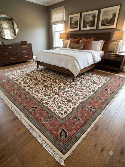 Traditional Botanical Pattern Red Ivory Designer Hand Knotted Floral Carpet