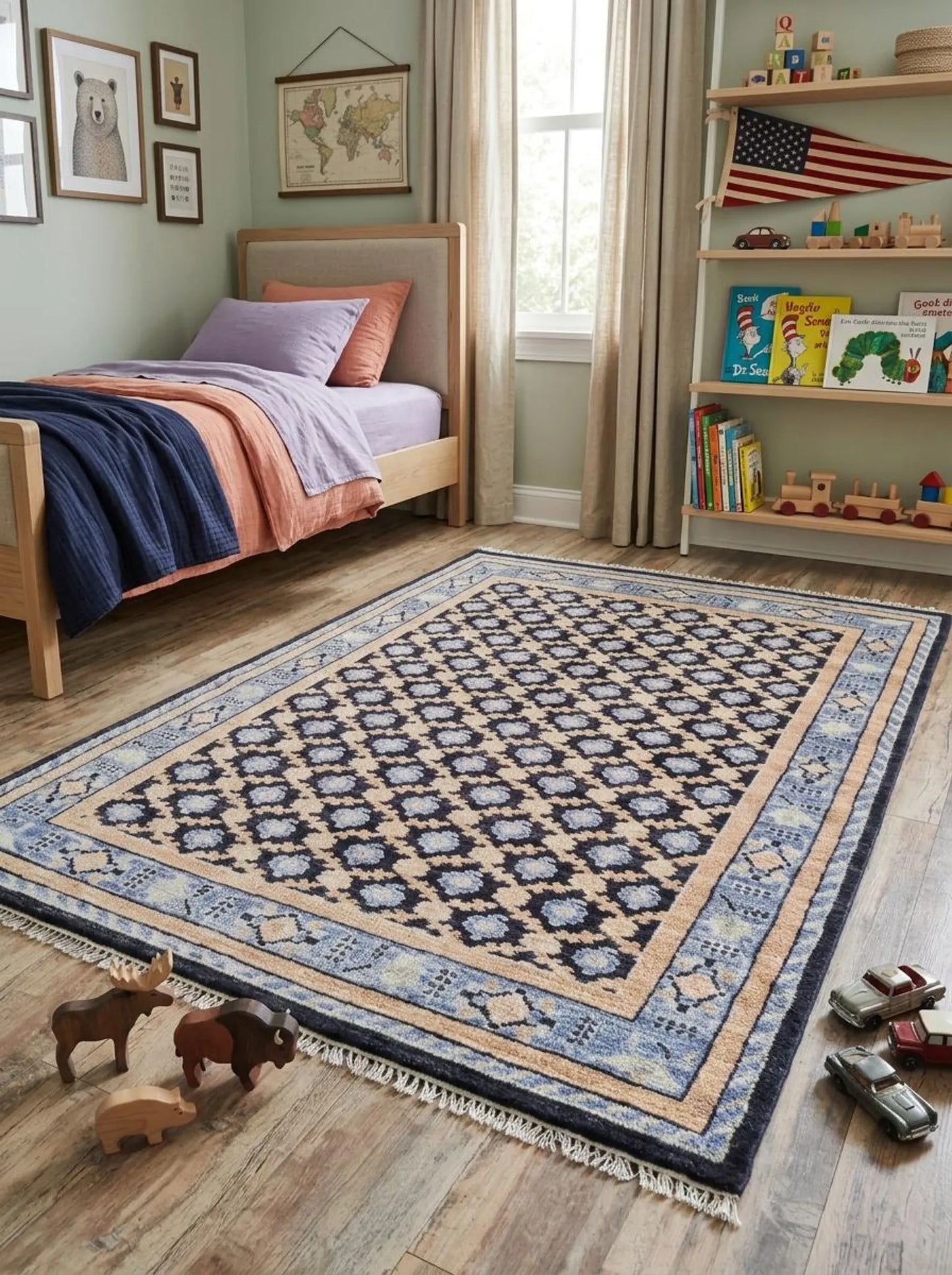 Hand Knotted Oushak Wool Rug Navy Blue & Peach Area Rug