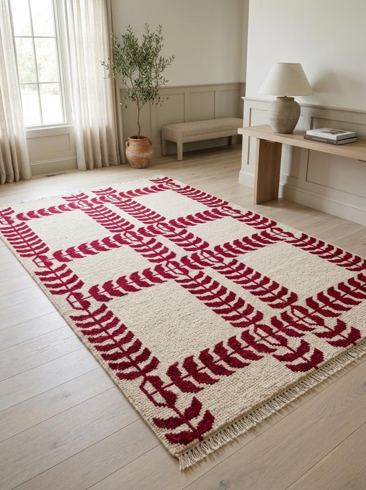 Crimson Red Hand Knotted Modern Geometric Rug