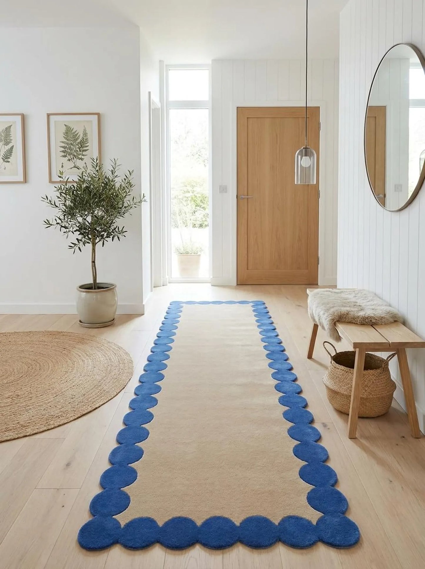Blue Beige Hand Tufted Wool Runner Rug, Scalloped Edge Hallway Carpet