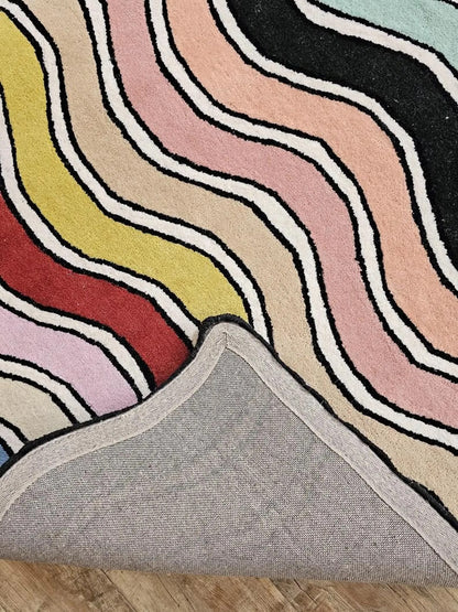 Hand Tufted Wool Runner Rug, Colorful Wavy Stripe Hallway Carpet