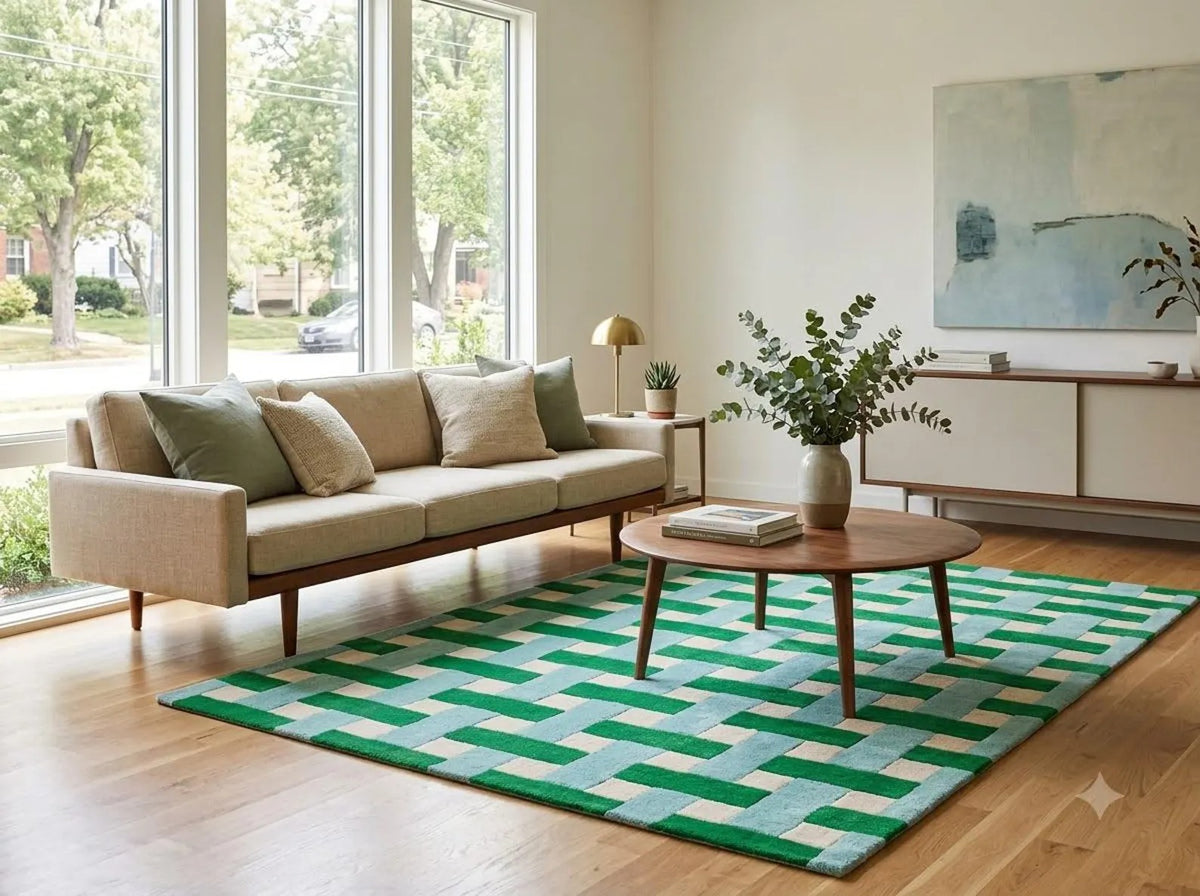 Hand Tufted Wool Carpet, Green, Basketweave, Geometric, Modern Area Rug