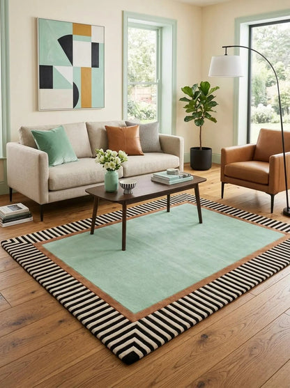 Hand Tufted Wool Rug, Mint Green Area Carpet, Black White Striped Border Rug, Modern Geometric Rug