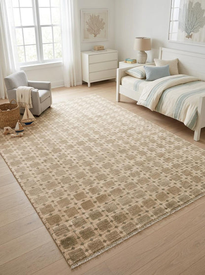 Hand-Knotted Beige Grid Plaid Neutral-Tone Rug