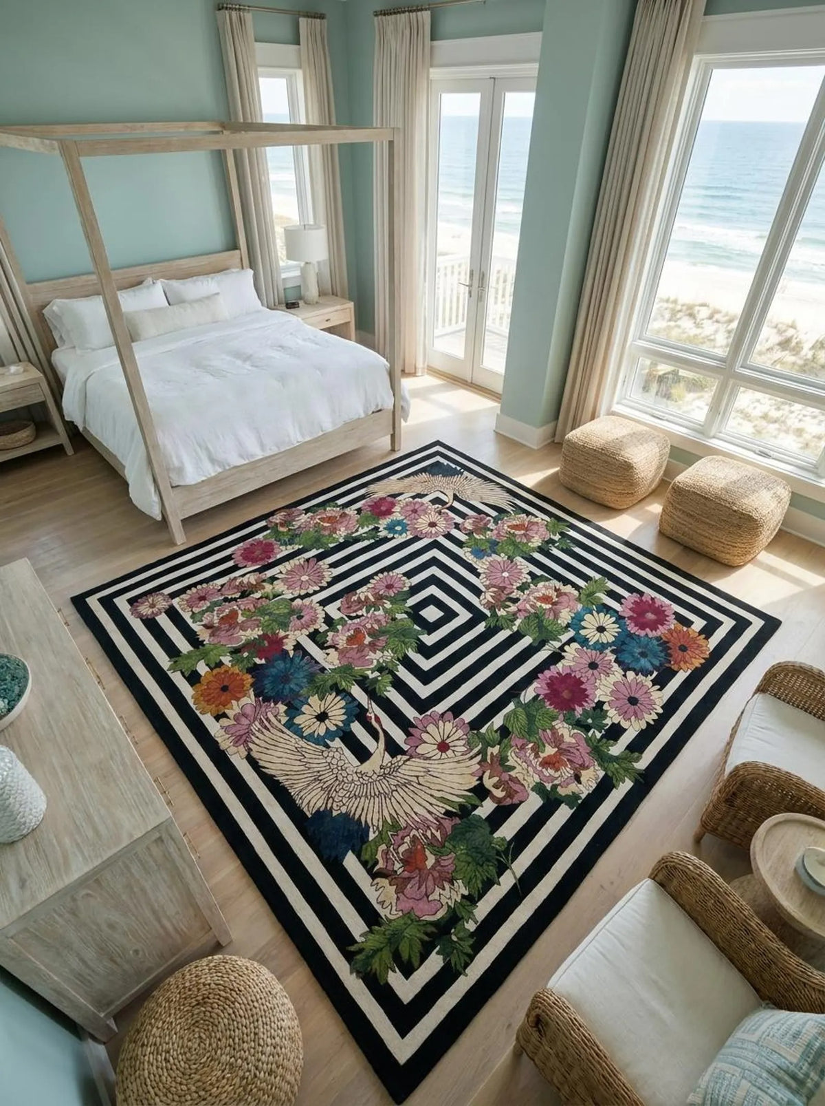 Hand-tufted Wool Rug, Japanese Crane Floral Area Rug, Black-and-White Geometric Striped Carpet