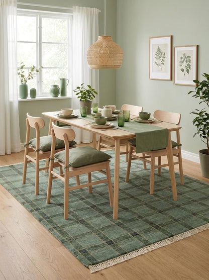 Hand-Knotted Wool Oushak Rug Sage Green Plaid Area Rug
