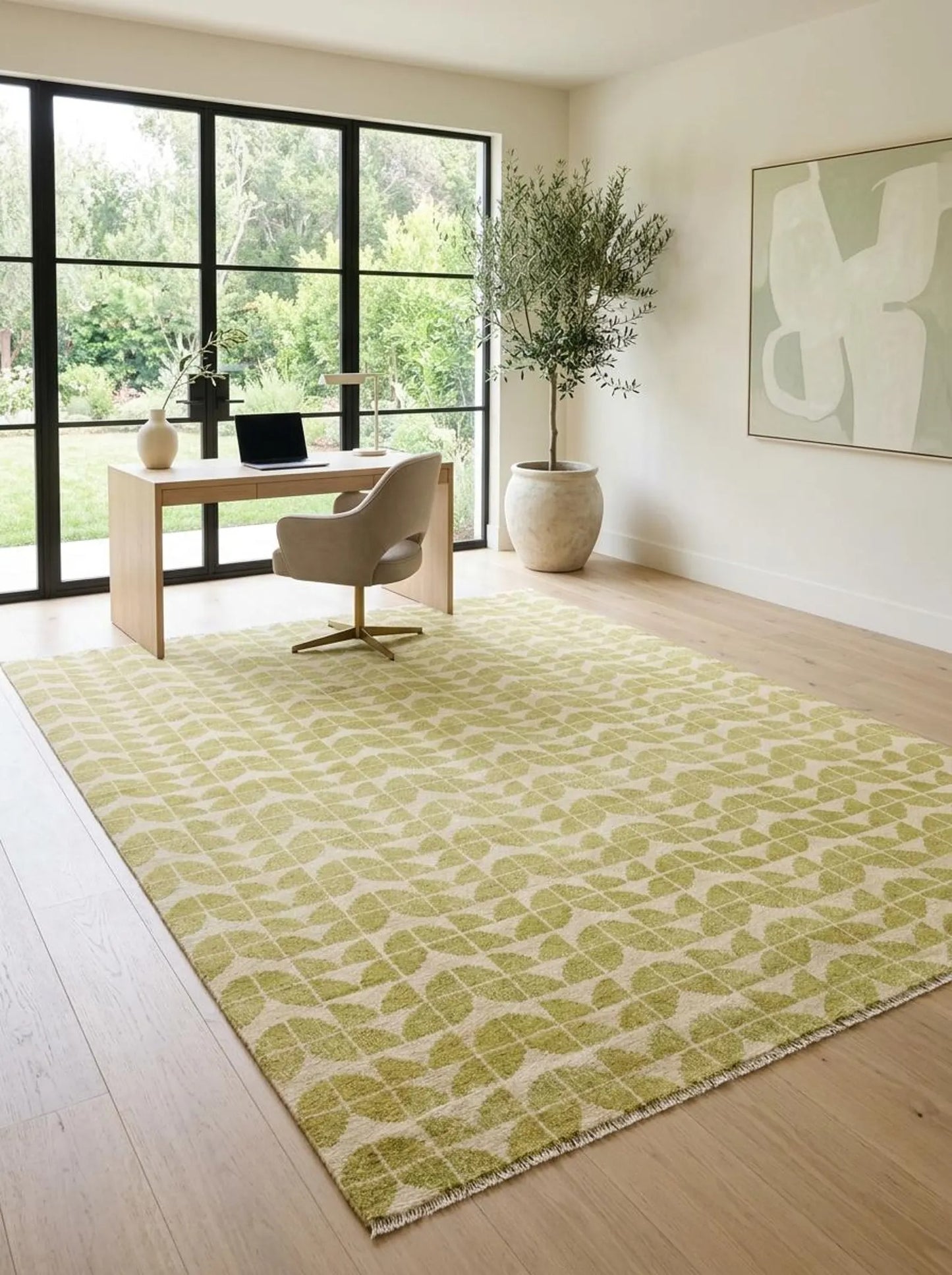 Modern Cream Leaf Pattern Hand Knotted Wool Oushak Rug