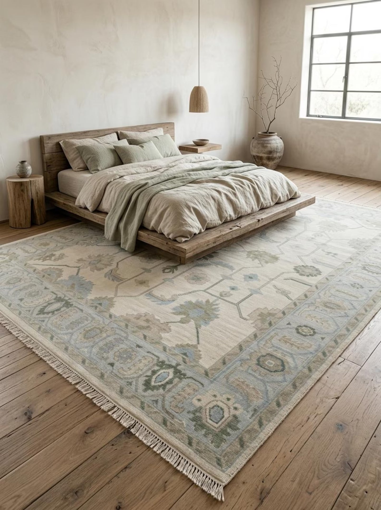 Hand Knotted Wool Ivory Floral Sage Green Blue Area Rug