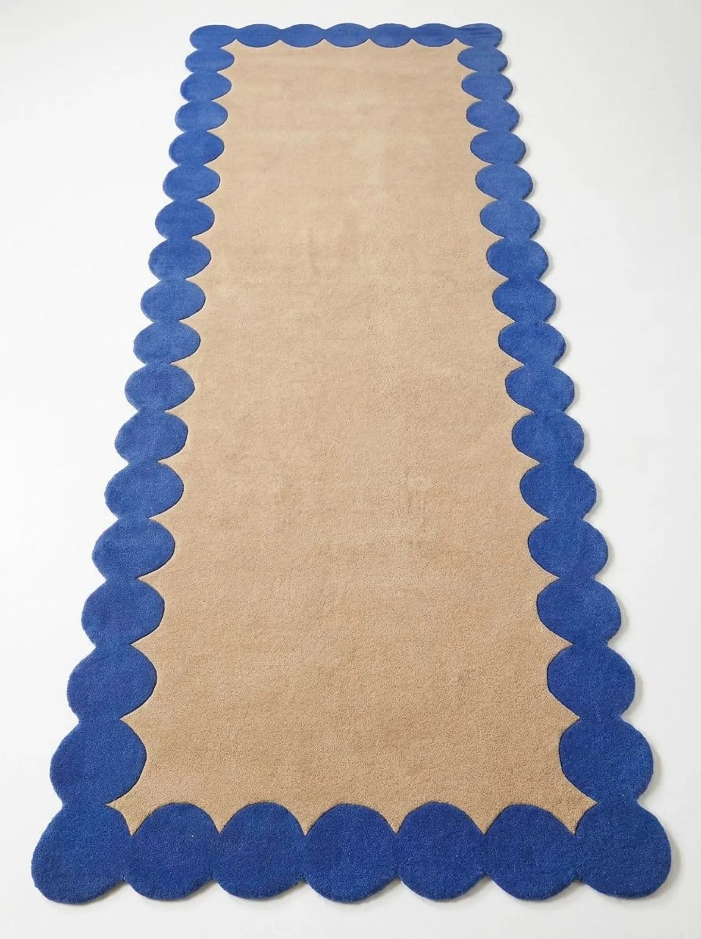 Blue Beige Hand Tufted Wool Runner Rug, Scalloped Edge Hallway Carpet