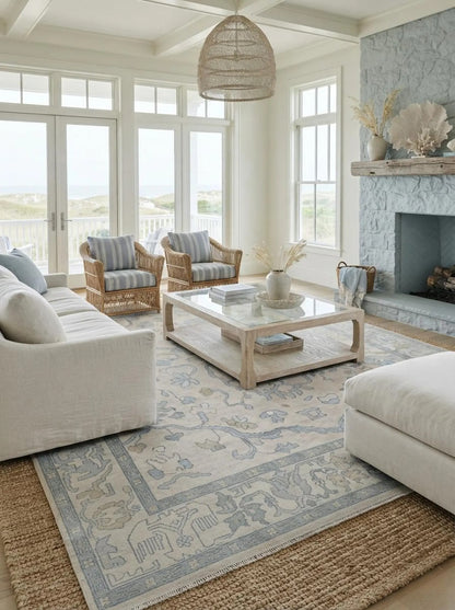 Ivory Blue Floral Oushak Inspired Bedroom Living Room Decor rug