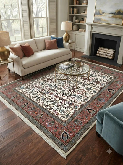 Traditional Botanical Pattern Red Ivory Designer Hand Knotted Floral Carpet