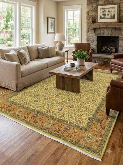 Hand-Knotted Wool Oushak Rug Gold Yellow Floral Carpet Rust Orange Border