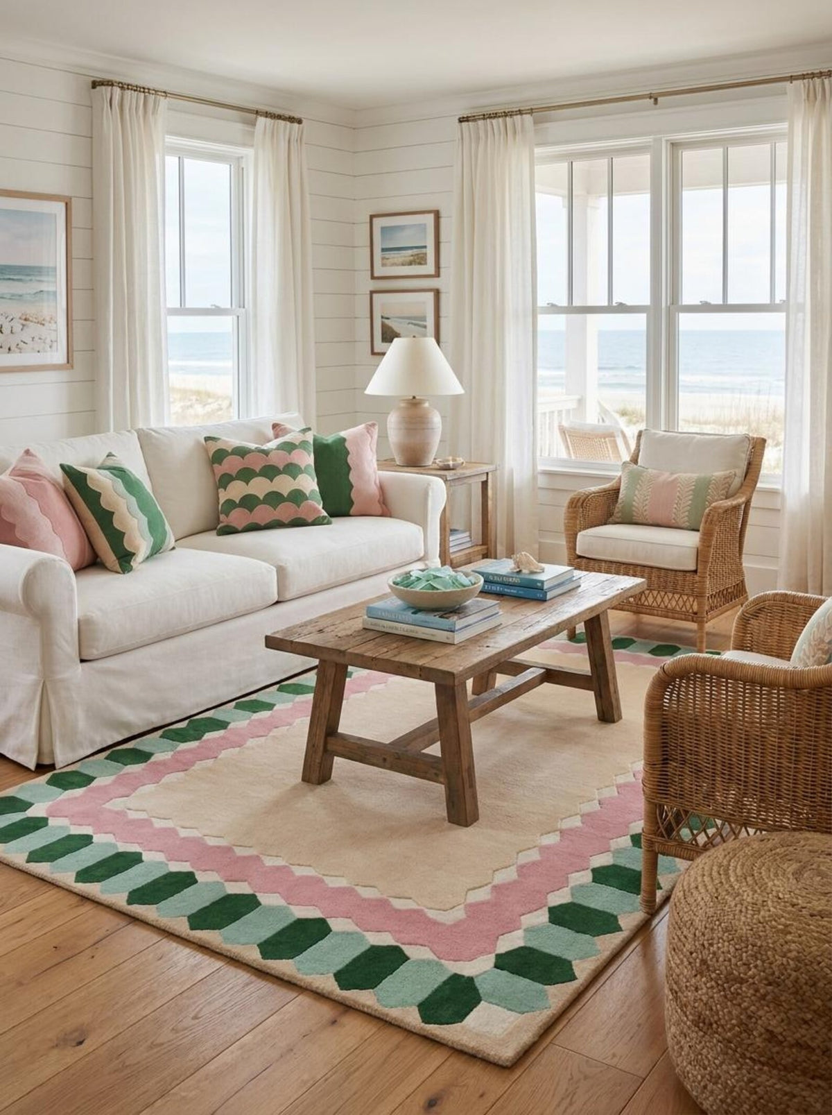 Geometric Border Carpet, Pink Green Area Rug, Nursery Living Room, Bedroom Tufted Rug