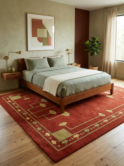 Red Floral Geometric Carpet, Art Decor Area Rug, Handmade Designer Wool Tufted Rug