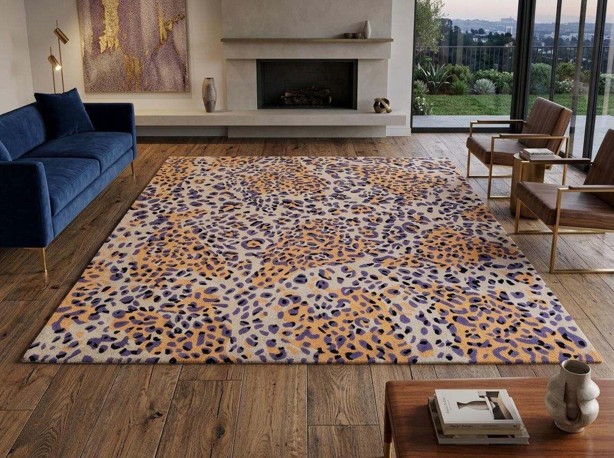 Leopard Print Area Rug, Modern Animal Pattern Rug, Purple Gold Wool Tufted Rug
