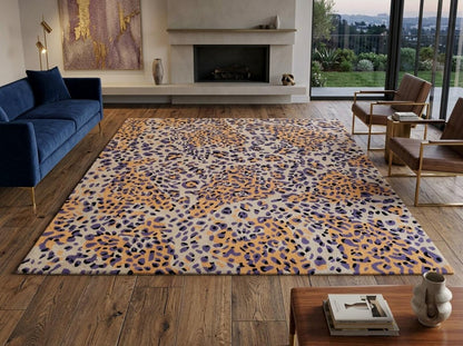 Leopard Print Area Rug, Modern Animal Pattern Rug, Purple Gold Wool Tufted Rug