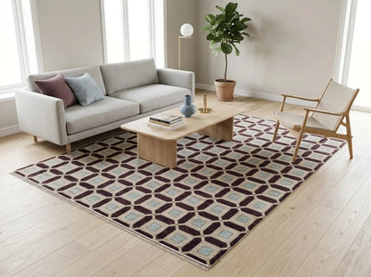 Plum & Ivory Architectural Checkered Lattice Grid Carpet for Living Room
