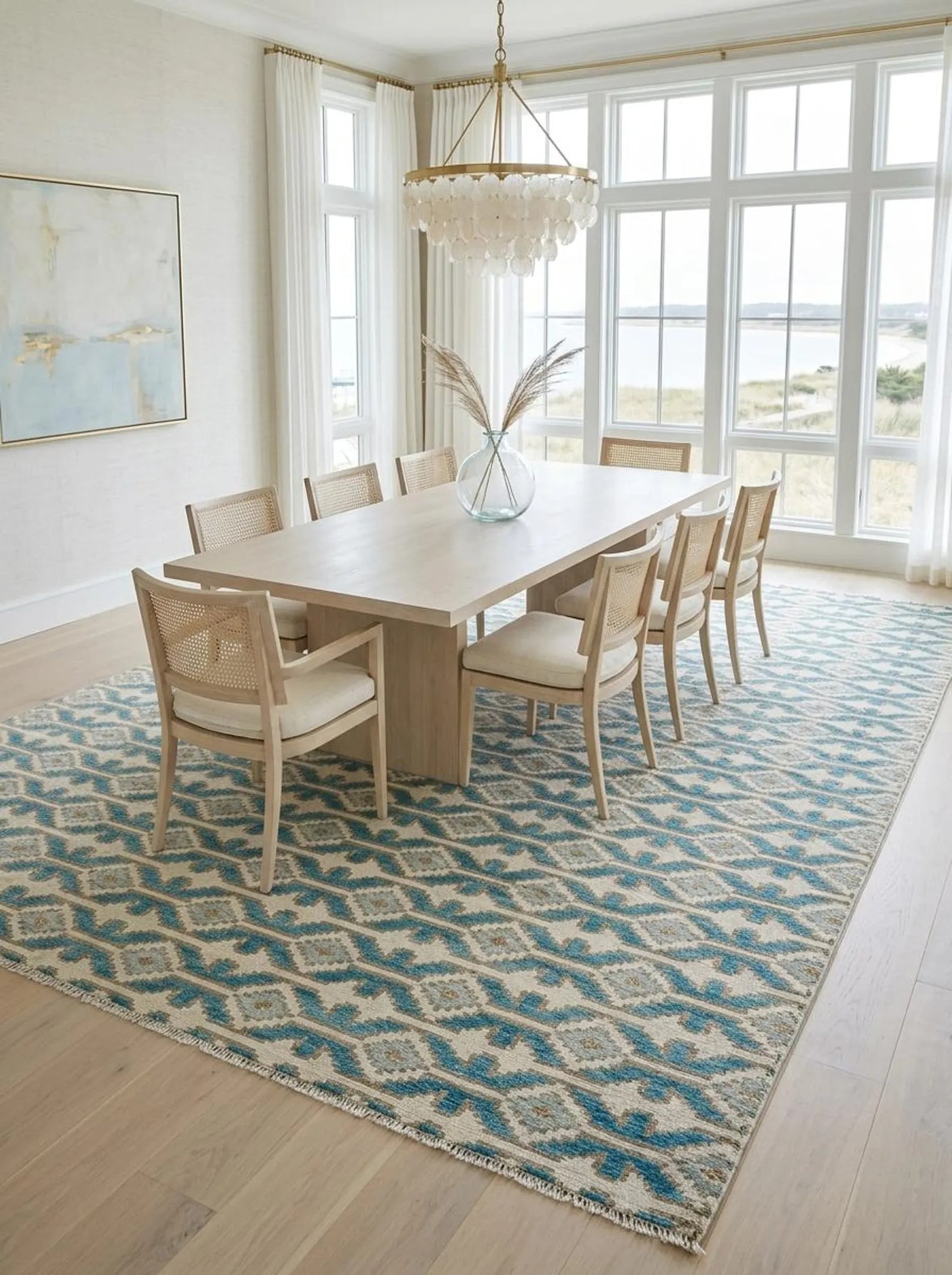 Hand-Knotted Wool Oushak Rug Blue & Ivory Modern-Style Carpet