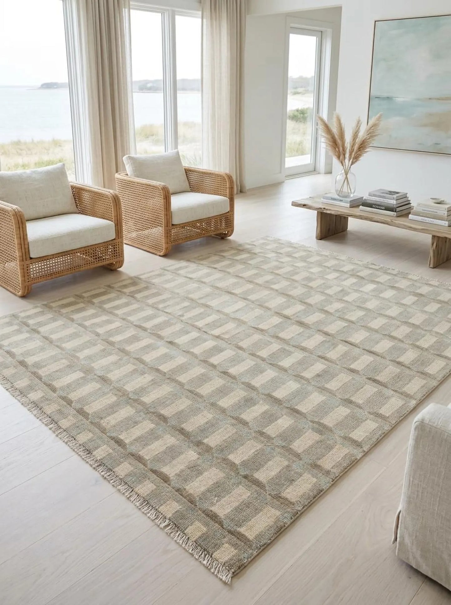Beige Beveled Block Geometric Hand Knotted Wool Rug