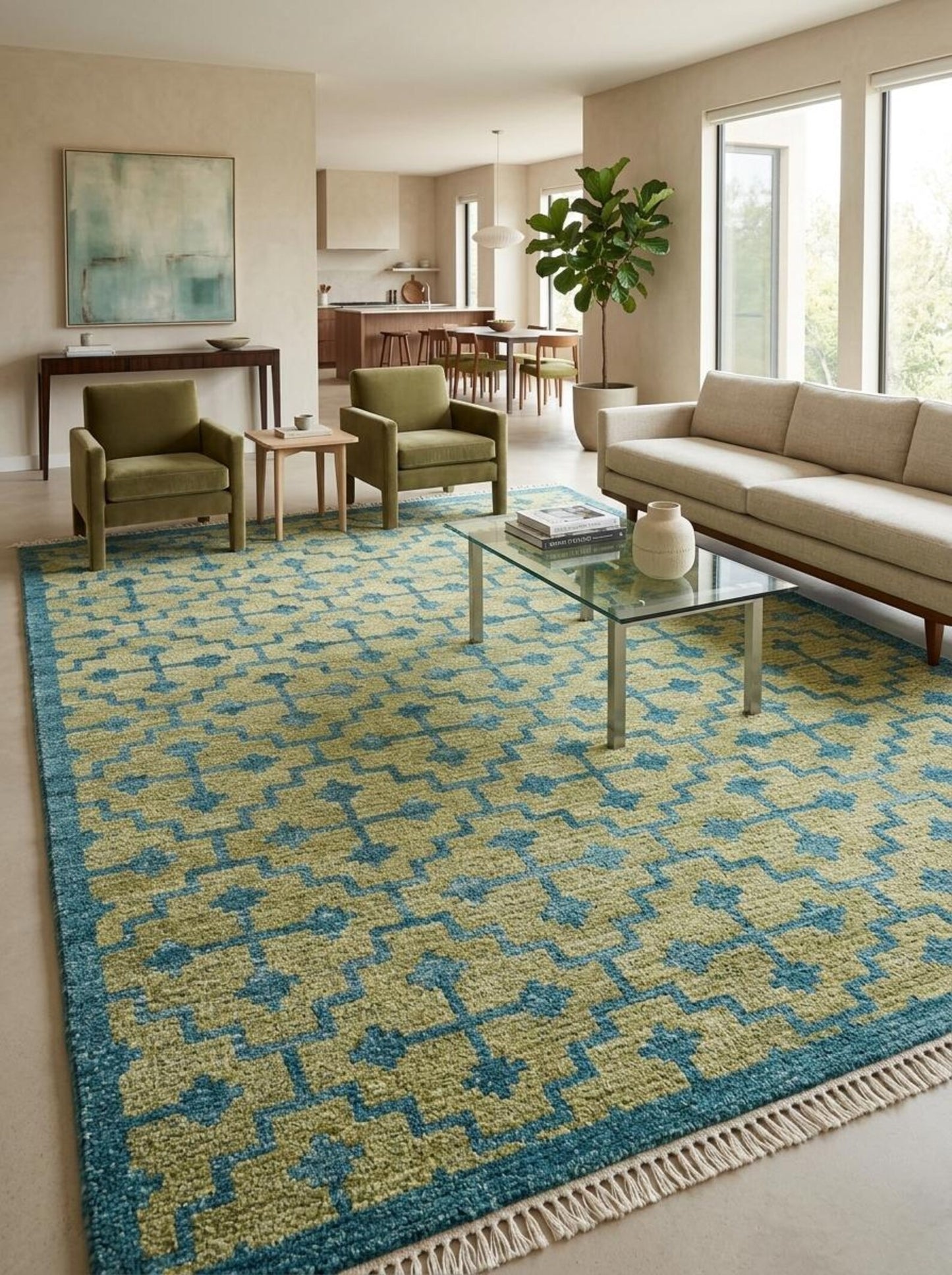 Teal Lattice Olive Diamond Hand Knotted Rug
