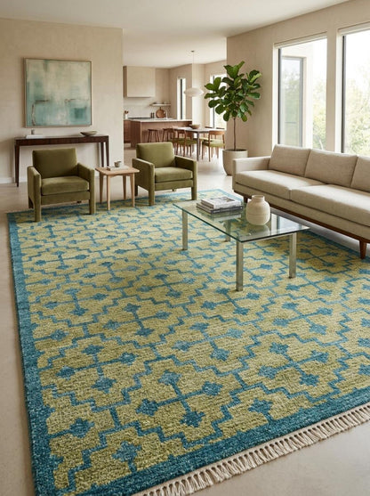 Teal Lattice Olive Diamond Hand Knotted Rug