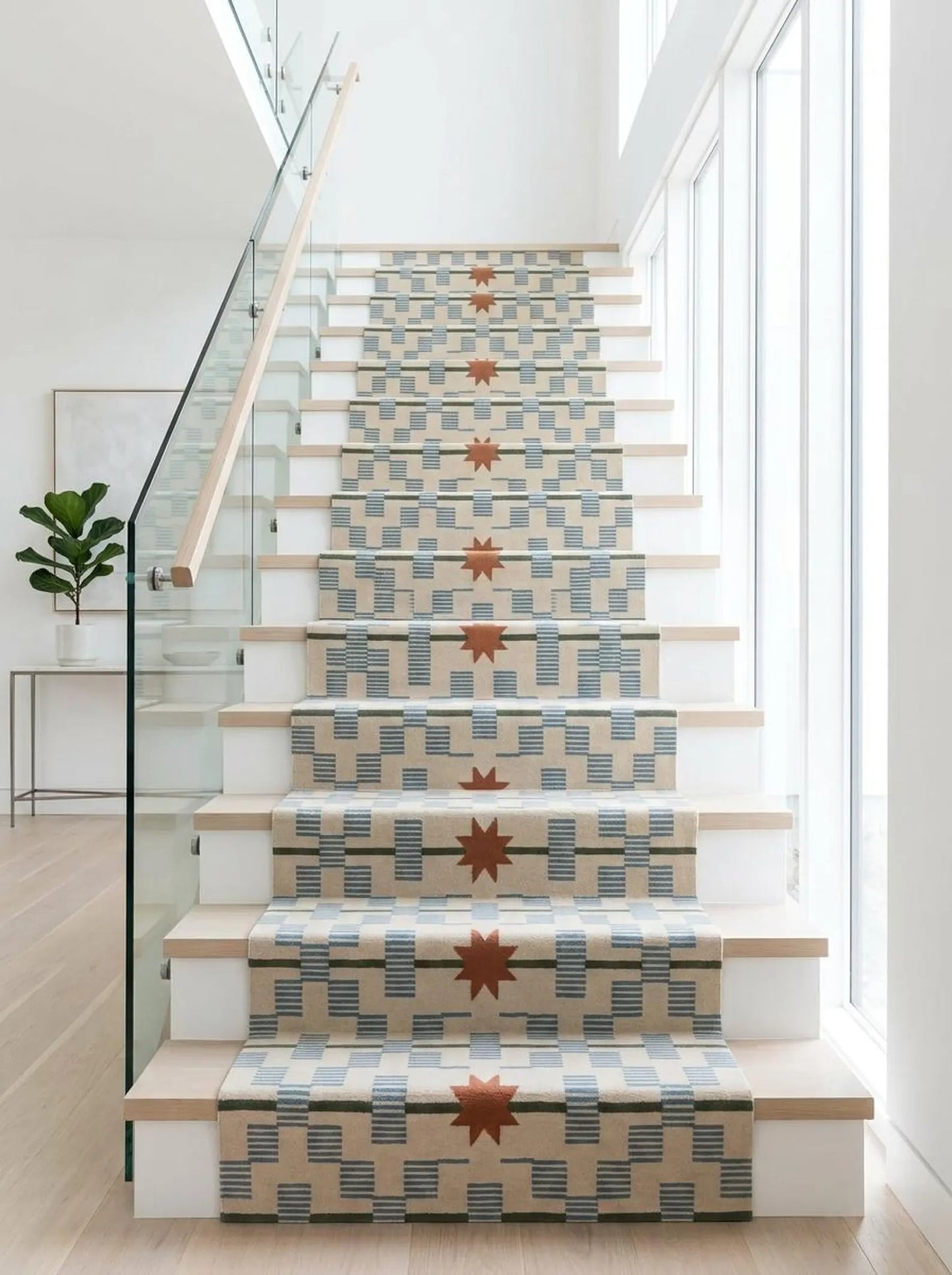 Hand-Tufted Wool Runner Light Blue, Terracotta Rust Stair Runner