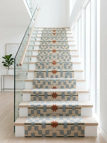 Hand-Tufted Wool Runner Light Blue, Terracotta Rust Stair Runner