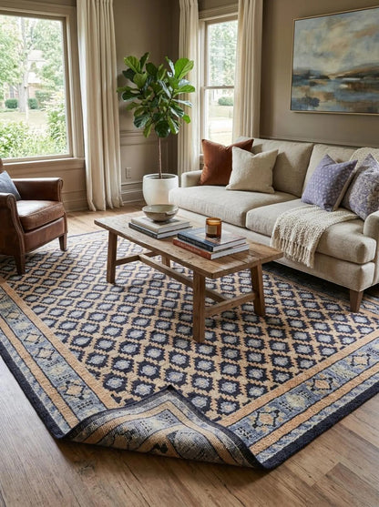 Hand Knotted Oushak Wool Rug Navy Blue & Peach Area Rug