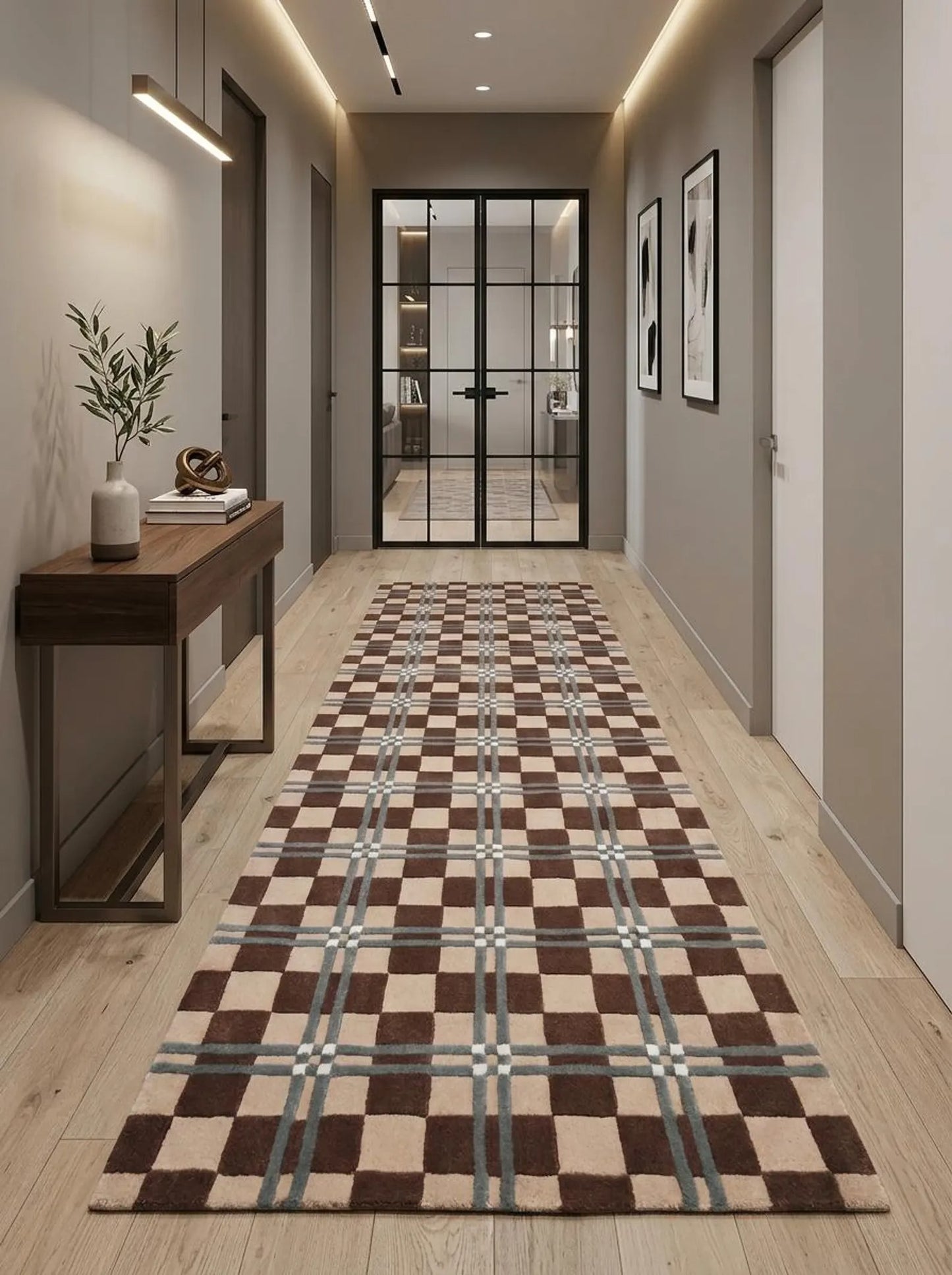Hand Tufted Wool Runner Rug, Brown Beige Plaid Checkered Hallway Carpet