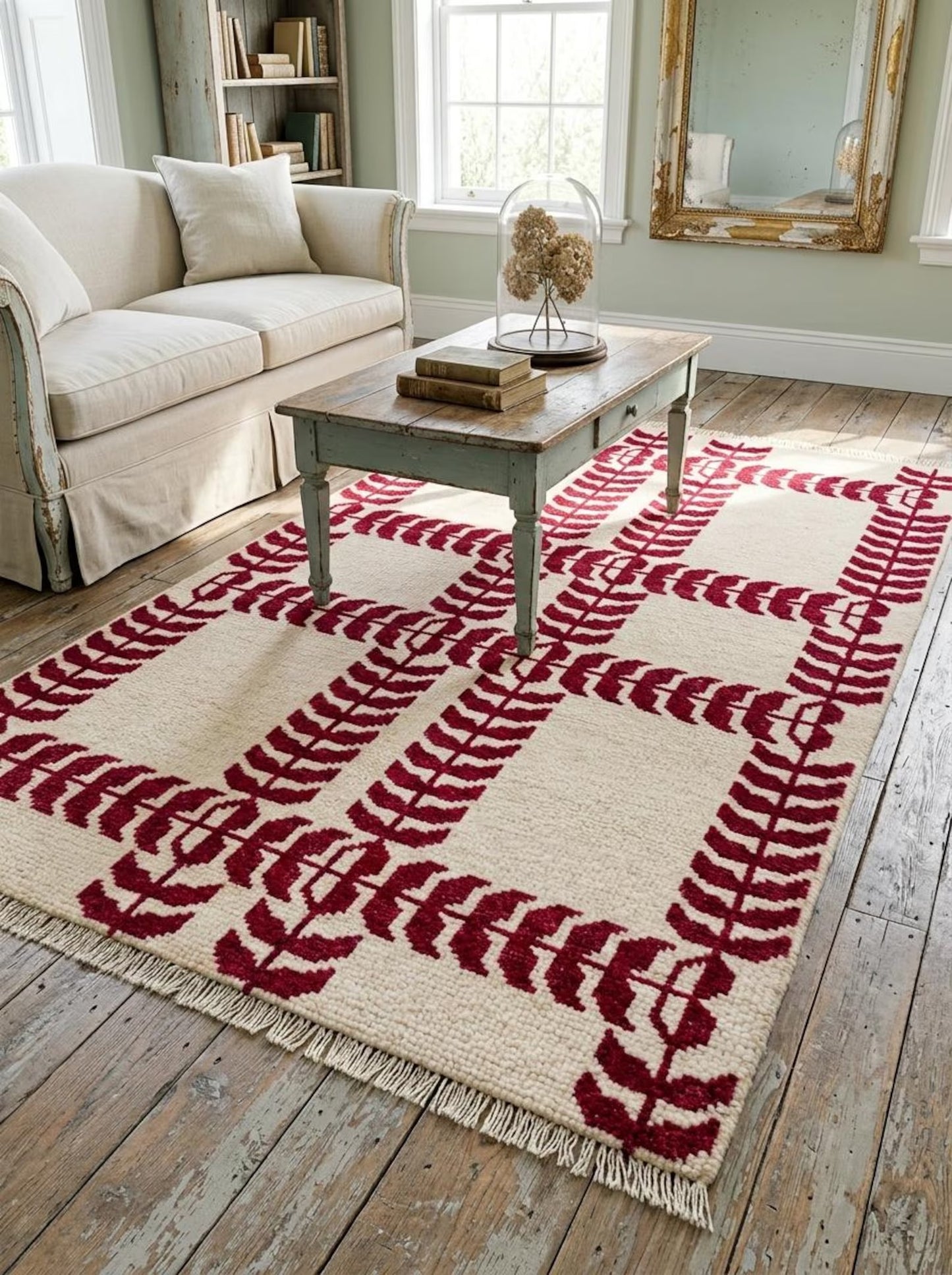 Crimson Red Hand Knotted Modern Geometric Rug
