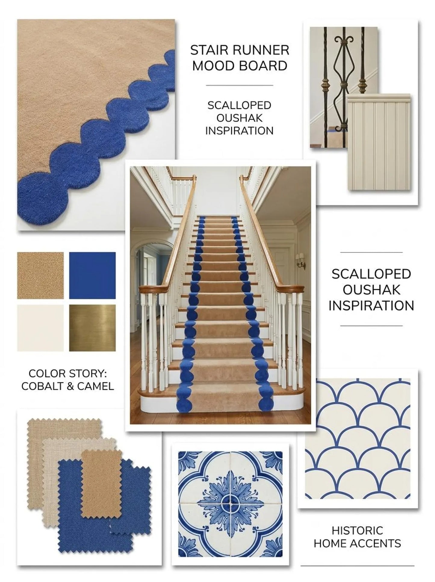 Blue Beige Hand Tufted Wool Runner Rug, Scalloped Edge Hallway Carpet