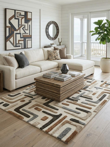 Hand Tufted Wool Carpet, Abstract Line Pattern Rug, Neutral Tone Area Rug
