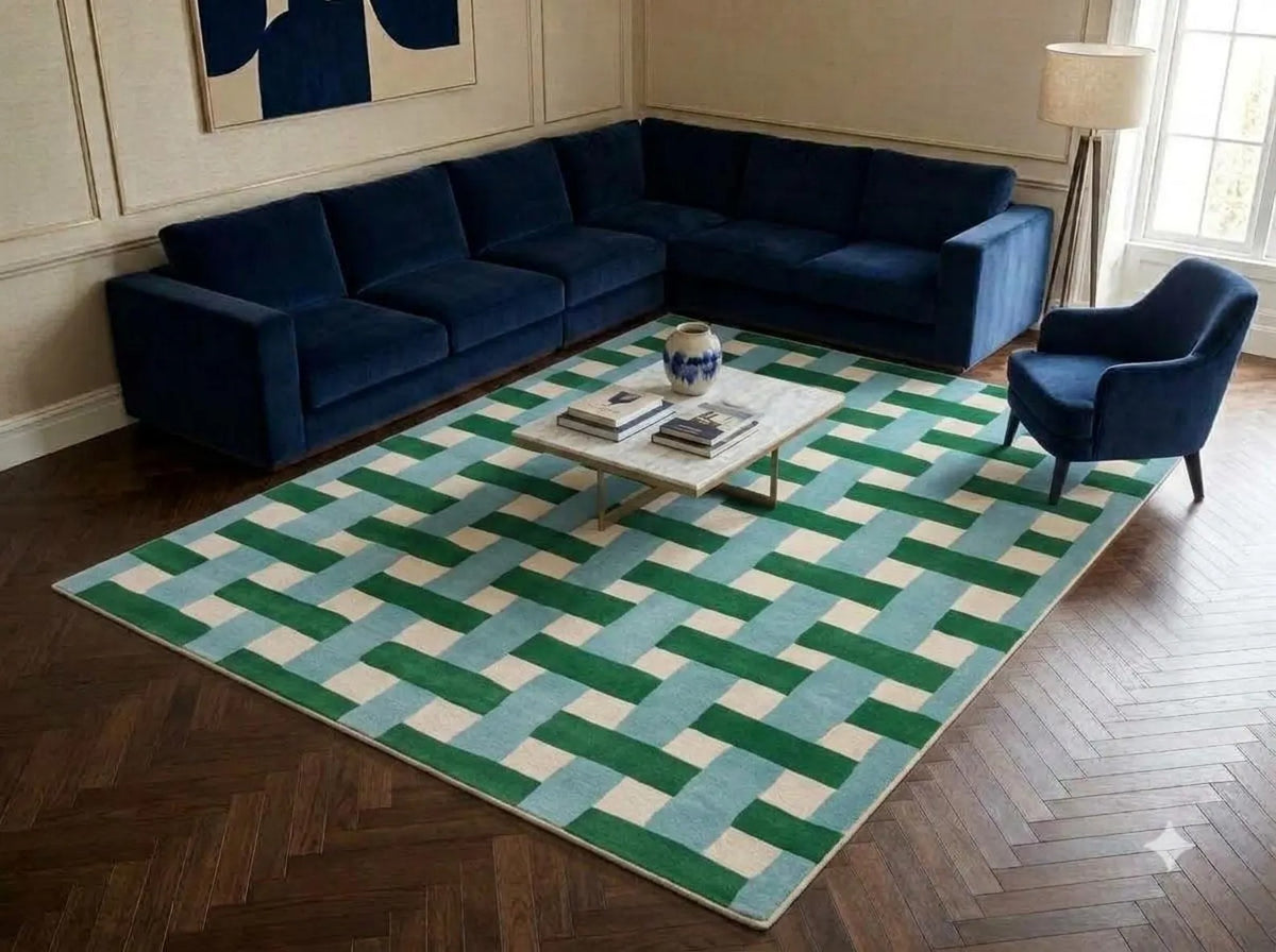 Hand Tufted Wool Carpet, Green, Basketweave, Geometric, Modern Area Rug