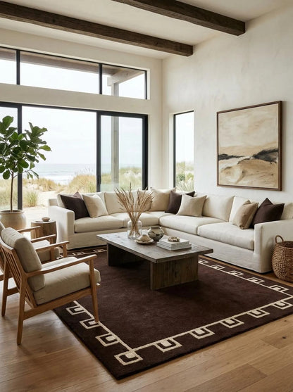 Hand-tufted Yves Bordered Wool Rug, Chocolate Brown Geometric Area Rug